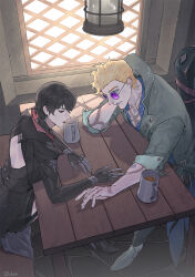  1boy 1girl back_cutout black_hair blonde_hair byuub clothing_cutout collar commentary cup demoncursed_vayne ear_piercing earrings glasses jewelry lantern league_of_legends lips locke_(league) mug piercing purple-tinted_eyewear red_eyes round_eyewear shirt sitting table tattoo tinted_eyewear vayne_(league) window wolf_cut 