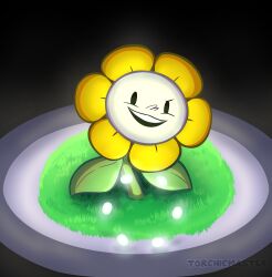  1boy 2026 2d artist_name black_background commentary commission dark dark_background digital_media english_commentary flower flower_focus flowey_(undertale) highres leaf male male_only plant sentient_flower solid_eyes solid_oval_eyes solo torchicmaster undertale utdr_(toby_fox) watermark yellow_flower 