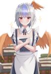  1girl absurdres aohane bird_wings blurry blurry_background book closed_mouth cowboy_shot detached_collar grey_hair head_wings highres looking_at_viewer maid maid_headdress menu_board multicolored_hair purple_hair red_eyes red_wings single_head_wing smile solo standing star_(symbol) tokiko_(touhou) touhou two-tone_hair wings 