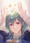  1girl absurdres anniversary armor arms_up artist_name bangs blue_eyes byleth_(fire_emblem) byleth_eisner_(female) closed_mouth collar commentary_request copyright_name fingernails fire_emblem fire_emblem:_three_houses floating floating_object gakko_(gacco38) green_hair hair_between_eyes highres light lips long_hair looking_at_viewer pink_lips shoulder_armor smile solo star_(symbol) upper_body 