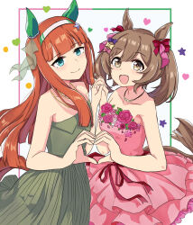  2girls absurdres animal_ears bare_shoulders blue_eyes blunt_bangs blush bow breasts brown_eyes brown_hair closed_mouth collarbone commentary_request dress ear_covers green_dress hair_between_eyes hair_bow hair_ornament hairband heart heart_hands heart_hands_duo highres hime_cut holding_hands horse_ears horse_girl horse_tail jewelry long_hair looking_at_viewer medium_breasts mgr3na2sup_6 multiple_girls multiple_hair_bows necklace open_mouth orange_hair orange_tail pink_dress purple_bow silence_suzuka_(umamusume) small_breasts smart_falcon_(umamusume) smile star_(symbol) tail twintails umamusume white_hairband yellow_bow 