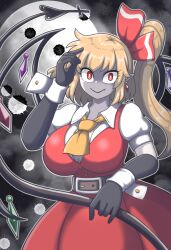  1girl ascot belt black_gloves blonde_hair breasts bright_pupils closed_mouth colored_skin commentary_request crystal_wings earrings flandre_scarlet full_moon gloves grey_skin hair_ribbon highres jewelry laevatein_(touhou) large_breasts long_hair moon one_side_up outline red_eyes red_ribbon ribbon solo temu touhou white_outline white_pupils wings wrist_cuffs yellow_ascot 