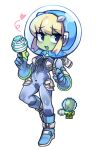  1girl alien bangs black_eyes blonde_hair blue_footwear blue_gloves boots brain_scrambler breasts colored_skin creature_and_personification energy_gun full_body furrowed_brow gloves green_skin gun heart holding holding_gun holding_weapon knee_boots leg_up medium_breasts no_nose nyong_nyong personification ray_gun short_hair simple_background solo space_helmet terraria weapon white_background 