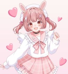  1girl animal_ears black_choker choker commission fake_animal_ears fake_wings frilled_sailor_collar frills hair_intakes hair_ornament hair_ribbon hairclip heart highres indie_virtual_youtuber kohanai_momomi long_sleeves looking_at_viewer merona_0914 open_mouth pink_background pink_eyes pink_ribbon pink_sailor_collar pink_skirt rabbit_ears ribbon sailor_collar shirt skeb_commission skirt solo twintails virtual_youtuber white_shirt wings 