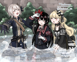  3girls ^_^ aiguillette arm_tattoo armband artist_name belt black_capelet black_choker black_coat black_dress black_gloves black_hair black_pants black_shirt black_skirt black_thighhighs blonde_hair bow braid capelet choker closed_eyes coat collared_shirt commentary_request cowboy_shot cross cross_earrings crown curtained_hair diamond_hair_ornament dress earrings epaulettes fishnet_sleeves fishnets flower frilled_choker frilled_dress frilled_sleeves frills garter_straps gloves hair_bow hair_flower hair_ornament hasumi_leia high_collar highres jewelry kedama_02 layered_skirt long_hair long_skirt long_sleeves mahou_shoujo_no_majo_saiban mini_crown mole mole_under_eye multiple_girls necktie nikaido_hiro open_mouth overskirt pants plaid_armband plaid_clothes plaid_necktie plaid_skirt pleated_skirt red_armband red_flower red_necktie red_skirt saeki_miria sash shirt short_hair shoulder_sash side_capelet signature skirt smile tattoo thigh-highs translation_request twitter_username wading water white_gloves white_shirt wide_sleeves 