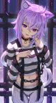  ahoge animal_ear_fluff animal_ears ao_ne bars black_choker breasts cat_ears cat_girl cat_tail choker commentary cuffs handcuffs highres hololive large_breasts looking_at_viewer medium_hair navel nekomata_okayu open_mouth pants prison_cell prison_clothes purple_hair shirt striped striped_pants striped_shirt suspenders tail violet_eyes virtual_youtuber 