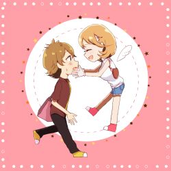  1boy 1girl angel_wings bag black_pants blush brown_hair casual closed_eyes commentary_request deformed denim denim_shorts from_side furirepu gamon_yuuta hair_ornament hairclip happy heart heart_hair_ornament narusawa_ryouka occultic;nine open_clothes open_mouth open_shirt pants pink_shoes purple_shirt science_adventure shirt shoes short_shorts shorts shoulder_bag smile sneakers wings yellow_shirt yellow_shoes 