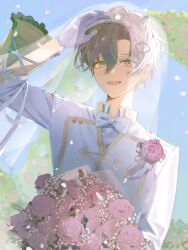  1boy :d absurdres arch arm_up blush bouquet bow bowtie cloud_hair_ornament collared_shirt cone_horns cross-laced_clothes cross-laced_sleeves curtained_hair day double-parted_bangs dutch_angle earrings floral_arch flower frilled_sleeves frills gloves grey_horns hair_between_eyes hair_ornament hand_on_own_head highres holding holding_bouquet horns jewelry long_sleeves looking_at_viewer male_focus oto_rainy outdoors pankou parted_hair petals pink_flower pink_petals pink_rose purple_hair rose rose_bush see-through_clothes see-through_veil shirt short_hair skoshism small_horns smile sne_noo solo stud_earrings suit undershirt upper_body utaite veil very_short_hair violet_eyes virtual_youtuber wedding white_bow white_gloves white_shirt white_suit 