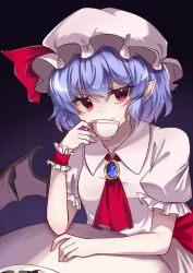  1girl ascot bat_wings blue_hair brooch closed_mouth collared_shirt commentary cup frilled_wrist_cuffs frills hat hat_ribbon highres holding holding_cup jewelry looking_at_viewer medium_hair mob_cap oroka_(e7zg5) pink_hat pink_shirt pink_skirt pointy_ears puffy_short_sleeves puffy_sleeves red_ascot red_eyes red_wrist_cuffs remilia_scarlet ribbon shirt short_sleeves single_wrist_cuff skirt skirt_set smile solo teacup touhou wings wrist_cuffs 