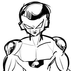  1boy alien bald black_lips commentary dragon_ball dragon_ball_z english_commentary final_form_frieza forehead_jewel frieza greyscale lineart male_focus monochrome muscular muscular_male simple_background sketch solo teknodice upper_body white_background 