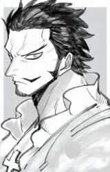  1boy border closed_mouth commentary_request cross cross_necklace dracule_mihawk facial_hair frilled_shirt frills grey_background greyscale jewelry kiyoshita looking_at_viewer male_focus monochrome necklace one_piece outside_border shirt short_hair solo upper_body white_border 