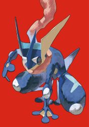  blue_skin colored_skin greninja highres long_tongue looking_at_viewer ookiitora128706 pokemon pokemon_(creature) red_background red_eyes squatting tongue tongue_scarf very_long_tongue webbed_feet webbed_hands 