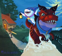  2boys 2girls artist_logo artist_name claws derivative_work devil_dinosaur dinosaur english_commentary fangs highres holding holding_lantern holding_sword holding_weapon horns jeff_the_land_shark lantern logo luna_snow magik_(x-men) marvel meme moon_girl_and_devil_dinosaur multiple_boys multiple_girls open_mouth riding shark shark_fin sword weapon wyleswelkin x-men 
