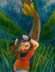  1girl absurdres banana bandana blue_eyes brown_hair chinese_commentary commentary_request covering_forehead dateko_(da0316teko) food from_below fruit gloves grass highres hoenn_route_119 leaf leaf_wings looking_up may_(pokemon) one_eye_closed open_mouth outdoors perspective pokemon pokemon_(creature) pokemon_ruby/sapphire/emerald rain red_bandana red_shirt shirt sidelocks sky tall_grass tropius water_drop wet wet_hair wings 