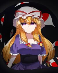  1girl blonde_hair bow breasts commentary_request dress frilled_sleeves frills gap_(touhou) hair_bow hat hat_ribbon highres large_breasts long_hair looking_at_viewer mob_cap one-hour_drawing_challenge oroka_(e7zg5) puffy_short_sleeves puffy_sleeves purple_tabard red_bow red_ribbon ribbon short_sleeves smile solo tabard touhou violet_eyes white_dress white_hat yakumo_yukari 