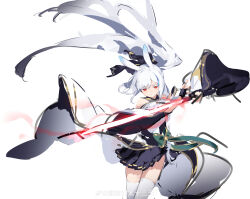  1girl absurdres animal_ears commentary highres holding holding_sword holding_weapon japanese_clothes kimono long_hair original rabbit_ears red_eyes shisantian simple_background solo standing sword thigh-highs untranslatable_commentary weapon white_background white_hair white_thighhighs 
