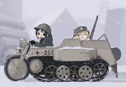  2girls absurdres angry black_eyes black_gloves black_hair blonde_hair chito_(shoujo_shuumatsu_ryokou) coat commentary_request driving gloves gun helmet highres kettenkrad looking_back multiple_girls open_mouth outdoors rifle shoujo_shuumatsu_ryokou siroa snow weapon winter yuuri_(shoujo_shuumatsu_ryokou) 