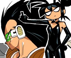  1girl animal_ear_hairband animal_ears black_gloves black_hair black_leotard blank_eyes collage detached_collar dragon_ball dragon_ball_z edith_(teknodice) elbow_gloves fake_animal_ears fake_tail frown gloves hair_bun hairband head_tilt highleg highleg_leotard leotard long_hair looking_to_the_side middle_finger necktie oekaki original outline playboy_bunny portrait rabbit_ears rabbit_tail raditz saiyan saiyan_armor scouter short_hair simple_background solid_eyes spiky_hair strapless strapless_leotard tail teknodice upper_body very_long_hair white_background white_outline widow's_peak 