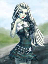  1girl black_hair black_necktie colored_skin day dress fishnet_sleeves fishnets frankie_stein green_eyes green_skin heterochromia highres long_hair looking_at_viewer monster_high monster_high_(g1) multicolored_hair necktie outdoors plaid_clothes plaid_dress polka_dot_necktie red_lips short_sleeves signature sleeveless sleeveless_dress solo stitched_arm stitched_face stitches striped_hair two-tone_hair two-tone_necktie white_hair white_necktie x.x.violet.x.xx 
