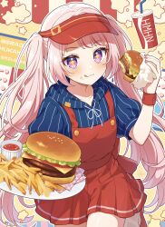  1girl :3 apron blue_hoodie blush burger collarbone cowboy_shot food food_packaging french_fries hayamaro65 highres himehina_channel holding holding_plate hood hood_down hoodie long_hair looking_at_viewer pink_hair plate red_apron red_visor_cap short_sleeves sidelocks skirt solo sparkling_eyes standing tanaka_hime tehepero tongue twintails violet_eyes visor_cap waiter wristband 