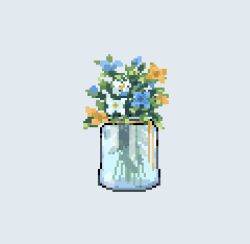  blue_flower bouquet bud decomposedmaw flower glass glass_jar green_leaf leaf no_humans original pixel_art plant ribbon still_life transparent vase water white_background white_flower yellow_flower yellow_ribbon 