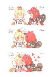  2girls :d ahoge alice_thymefield animal_ears black_choker black_gloves black_sailor_collar blonde_hair blush bow bowtie choker closed_eyes closed_mouth collared_shirt commentary_request cropped_torso fingerless_gloves flying_sweatdrops gloves green_eyes hair_ornament heart height heterochromia highres kamanosuke_(zenless_zone_zero) long_hair long_sleeves low_twintails multiple_girls open_mouth pink_sweater puff_of_air rabbit_ears rabbit_girl rebecca_(keinelove) red_eyes red_hair sailor_collar shirt simple_background smile sphere_hair_ornament sweater translation_request twintails ukinami_yuzuha white_background white_bow white_bowtie white_shirt yellow_eyes zenless_zone_zero 