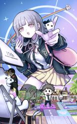  6+boys 6+girls :o ahoge bag black_jacket black_thighhighs brown_hair brown_skirt card danganronpa_(series) danganronpa_2:_goodbye_despair dice dress_shirt fish hanamura_teruteru highres hinata_hajime holding holding_card jacket koizumi_mahiru komaeda_nagito kuzuryu_fuyuhiko miniskirt mioda_ibuki monokuma multiple_boys multiple_girls nanami_chiaki neck_ribbon nidai_nekomaru open_clothes open_jacket owari_akane pekoyama_peko pink_bag pink_eyes pink_ribbon pleated_skirt pointing ribbon rooru_kyaabetsu saionji_hiyoko shirt short_hair sitting skirt soda_kazuichi sonia_nevermind standing tanaka_gundham teeth thigh-highs togami_byakuya_(danganronpa_2) tsumiki_mikan two-tone_shirt upper_teeth_only usami_(danganronpa) white_shirt 