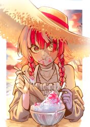  1girl absurdres alternate_costume alternate_hairstyle asymmetrical_bangs beach bikini black_nails blunt_ends blush border bowl braid choker clouds cloudy_sky collarbone colored_skin colorful_clouds commentary diamond-shaped_pupils diamond_(shape) dot_nose elbows_on_table english_commentary fingernails flat_chest food food_on_face frilled_bikini frills full_mouth green_eyes grey_hair grey_skin halterneck hat heterochromia highres holding holding_spoon hololive hololive_indonesia jacket jacket_partially_removed jewelry kghazir kureiji_ollie long_hair looking_at_viewer mismatched_pupils multicolored_eyes multicolored_hair multicolored_skin necklace ocean open_clothes open_jacket outdoors outside_border patchwork_skin purple_skin red_eyes red_hair sand sharp_fingernails shaved_ice side_braids sidelocks sky solo sparkle spoon stitched_arm stitched_face stitched_torso stitches straw_hat sunset swimsuit symbol-shaped_pupils table twin_braids two-tone_eyes two-tone_skin upper_body virtual_youtuber water white_bikini white_border white_choker wide-eyed wide_brim x-shaped_pupils yellow_eyes yellow_jacket zombie 