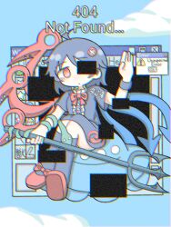  1girl ahoge asymmetrical_wings black_dress black_hair black_socks blue_sky blue_wings blush bow bowtie buttons center_frills chromatic_aberration clouds commentary_request dress error_message film_grain footwear_bow frills glitch hair_ornament hand_up highres houjuu_nue http_404 http_status_code kneehighs nativefaith9696 one_eye_covered polearm red_bow red_bowtie red_eyes red_shoes red_wings shoes short_dress short_hair sky snake socks solo tomoe_(symbol) touhou trident ufo weapon window_(computing) wings wristband x_hair_ornament 