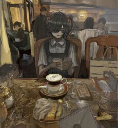  bag black_hair book brush_stroke chair collared_shirt commentary_request crowded cup food hair_between_eyes hair_ribbon highres holding holding_book keru_1229 letter original painterly paper_bag red_ribbon restaurant ribbon shirt short_sleeves two_side_up white_shirt 