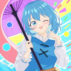  1girl absurdres artist_name blue_eyes blue_hair blue_vest blush closed_mouth colorful_background commentary_request dot_nose finger_to_cheek hand_up highres holding holding_umbrella juliet_sleeves karakasa_obake long_sleeves long_tongue looking_at_viewer naomi-chan notice_lines one_eye_closed outline puffy_sleeves purple_umbrella shirt short_hair smile solo tatara_kogasa tongue tongue_out touhou umbrella upper_body very_long_tongue vest white_outline white_shirt 