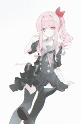  1other absurdres akiyama_mizuki arm_support artist_name black_jacket black_neckerchief black_shoes black_skirt black_thighhighs closed_mouth club_(shape) commentary cropped_jacket diamond_(shape) dot_nose drill_hair drill_ponytail drill_sidelocks expressionless foot_out_of_frame hair_ribbon hand_up heart high_side_ponytail highres invisible_chair jacket jeeyeah672 long_hair long_sidelocks looking_at_viewer neckerchief open_clothes open_jacket other_focus pink_eyes pink_hair pink_neckerchief ponytail project_sekai red_ribbon ribbon sailor_collar shoes short_sleeves side_ponytail sidelocks simple_background sitting skirt solo spade_(shape) thigh-highs two-tone_neckerchief white_background white_sailor_collar 