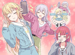  3girls :d ^_^ bang_dream! bang_dream!_yumemita bishie_sparkle black_shoes blue_jacket blue_skirt cardigan cat_hair_ornament cellphone closed_eyes green_skirt grey_hair hair_ornament highres holding holding_phone hood hood_down hoodie jacket long_sleeves miyanaga_nonoka multiple_girls nakamachi_arale open_clothes open_jacket open_mouth phone pink_background pink_cardigan pink_hair sengoku_yuno shirt shoes simple_background skirt smartphone smile white_background white_hoodie white_shirt x_hair_ornament yukitake_(bullfalk) 