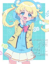  1girl :d animal_hood arm_behind_back bear_hood blonde_hair blue_eyes blue_hoodie bow bowtie chii_(chi_pppuri) commentary cowboy_shot hand_on_own_face hand_up highres hood hood_up hoodie jacket jacket_over_hoodie kirarigaoka_middle_school_uniform kiratto_pri_chan long_hair looking_at_viewer moegi_emo open_clothes open_jacket open_mouth pink_bow pink_bowtie pleated_skirt pretty_series school_uniform skirt smile smug solo twintails untranslatable_commentary white_skirt yellow_jacket 