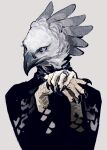  1other androgynous beak bird claws closed_mouth eagle feathers furry grey_background grey_feathers halftone highres jewelry looking_at_viewer nightcrow original other_focus own_hands_together ring simple_background solo upper_body violet_eyes 
