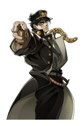  1boy alpha_transparency aqua_eyes black_coat black_hat black_pants chain coat cowboy_shot earrings frown hat highres jewelry jojo_no_kimyou_na_bouken jojo_pose kujo_jotaro kujo_jotaro's_pose male_focus official_art pants pointing pointing_at_viewer serious solo stardust_crusaders stud_earrings transparent_background 
