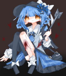  1girl arrow_(projectile) asymmetrical_legwear bird_hat_ornament black_bow black_bowtie black_capelet black_hat black_shoes black_thighhighs blood_on_arrow_(projectile) blue_hair blue_necktie blue_skirt bow bowtie braid braided_hair_rings brown_background bug butterfly capelet closed_mouth collared_shirt commentary_request contrast_collar deerstalker footwear_bow frilled_skirt frilled_socks frills full_body grey_vest hair_bow hair_rings hat hat_bow highres holding holding_arrow injury layered_skirt long_sleeves looking_at_viewer mahou_shoujo_no_majo_saiban necktie plaid_clothes plaid_skirt red_butterfly shirt shoes short_hair simple_background sitting skirt socks solo spoilers stab tachibana_sherry thigh-highs unnmo_1102 vest white_bow white_shirt white_socks yellow_eyes 