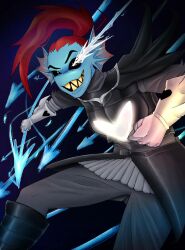  1girl 2025 2d alternate_form anthro armor armored_boots black_background black_sclera blue_skin boots breastplate colored_sclera colored_skin colored_teeth dark_background digital_media ear_fins energy_weapon female female_only fins fish fish_girl gauntlets genocide_route_(undertale) gradient_background head_fins high_ponytail highres holding holding_polearm holding_spear holding_weapon long_hair monster monster_girl polearm ponytail red_hair sharp_teeth slit_pupils solo spear teeth undertale undyne undyne_the_undying usoblu utdr_(toby_fox) weapon white_pupils yellow_teeth 