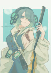  1girl bare_shoulders breasts camiscilla_(shadowverse) closed_mouth commentary_request glasses green_eyes headphones highres lab_coat lanyard large_breasts looking_at_viewer saku^2_(sakujiro) shadowverse shadowverse:_worlds_beyond short_hair sideboob simple_background 