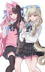  2girls aqua_eyes bag black_bag black_bow black_bowtie black_skirt black_thighhighs blonde_hair blue_bow blue_eyes blue_ribbon blue_scrunchie bow bowtie braid brown_hair chocolate eugeo_032 flower food hair_bow hair_flower hair_ornament hair_ribbon hanabusa_lisa highres holding holding_food jewelry long_hair long_sleeves miniskirt multicolored_hair multiple_girls pink_bow pink_hair pink_sweater_vest plaid_clothes plaid_skirt pleated_skirt polka_dot polka_dot_bow purple_flower ribbon ring school_bag school_uniform scrunchie shirt short_sleeves side_braid simple_background single_braid single_thighhigh skirt split-color_hair sweater_vest tachibana_hinano thigh-highs two-tone_hair v very_long_hair virtual_youtuber vspo! white_background white_flower white_shirt wrist_scrunchie 