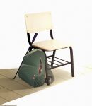  among_us backpack bag cane chair crewmate_(among_us) criispace gift green_bag highres no_humans original white_background wooden_floor zipper 