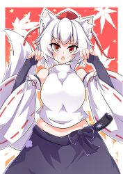  1girl absurdres animal_ears anime_coloring bare_shoulders black_skirt border breasts combat2000_(kuroneko) commentary_request detached_sleeves fang fingerless_gloves gloves highres inubashiri_momiji leaf maple_leaf open_mouth paw_pose pom_pom_(clothes) red_background red_eyes ribbon-trimmed_sleeves ribbon_trim shirt skirt solo touhou white_border white_hair white_shirt wide_sleeves wolf_ears wolf_girl 