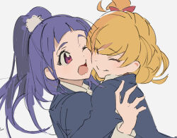  2girls asahina_mirai blonde_hair blue_jacket blunt_bangs closed_eyes grey_background hair_ornament hug izayoi_liko jacket kakeami long_hair long_sleeves mahou_girls_precure! multiple_girls open_mouth ponytail precure purple_hair short_hair sketch thick_eyebrows upper_body violet_eyes 