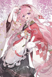  1girl a0akumu absurdres apron arm_up black_hakama commission feet_out_of_frame flower frilled_apron frills hair_intakes hakama hakama_skirt headscarf highres japanese_clothes kimono leaf long_hair long_sleeves maid mihuashi_commission multicolored_kimono open_mouth original pink_hair red_kimono red_ribbon ribbon skirt smile solo tareme violet_eyes wa_maid watermark white_apron white_headscarf white_kimono wide_sleeves wisteria 