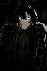  1girl backlighting binah_(project_moon) black_background black_cloak black_hair cloak coat fur-trimmed_coat fur_trim glowing glowing_eyes highres lobotomy_corporation looking_at_viewer nayovuu project_moon smile solo twitter_username white_eyes 