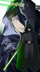  1boy absurdres belt_buckle black_cloak black_gloves black_hood black_pants black_tunic blue_eyes boots brown_hair buckle cloak dandel energy_sword english_text gloves green_lightsaber highres holding holding_sword holding_weapon hood hooded_cloak lightsaber luke_skywalker multiple_views pants star_wars star_wars:_return_of_the_jedi sword thigh_boots tunic weapon 