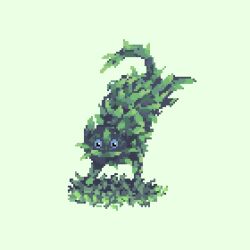  animal animal_focus blue_eyes cat decomposedmaw foliage fusion grass green_cat green_leaf green_theme highres jumping leaf nature no_mouth original outdoors pixel_art plant plant_focus plant_monster white_background 