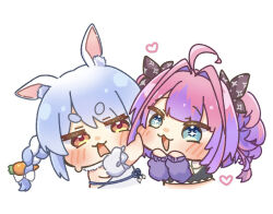  2girls :3 ahoge animal_ear_fluff animal_ears black_shirt blue_eyes blue_hair blush bow braid carrot_hair_ornament chibi chibi_only commentary cropped_torso food-themed_hair_ornament hair_bow hair_intakes hair_ornament hands_on_own_face heart hololive kikirara_vivi kikirara_vivi_(1st_costume) long_hair long_sleeves looking_at_another multiple_girls open_mouth pink_hair puffy_cheeks pushing_away pushing_face rabbit_ears rabbit_girl shirt short_eyebrows short_sleeves simple_background smile snxa8737 sparkling_eyes thick_eyebrows twin_braids twintails untranslatable_commentary usada_pekora usada_pekora_(1st_costume) virtual_youtuber white_background white_bow 