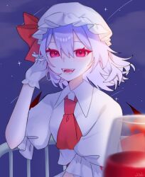  1girl ascot bat_wings blurry bow commentary_request cup depth_of_field drinking_glass gloves hair_between_eyes hat hat_bow highres looking_at_viewer mob_cap night open_mouth purple_hair red_ascot red_bow red_eyes remilia_scarlet shirt skirt skirt_set smile solo teeth touhou white_gloves white_hat white_shirt white_skirt wings yuki6220821 
