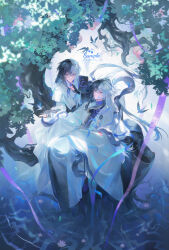  2boys absurdres bird black_boots black_gloves black_hair black_hanfu blue_eyes blue_ribbon boots borrowed_character brooch brothers chinese_clothes closed_mouth crossed_bangs earrings facial_mark facial_tattoo finger_to_mouth fingerless_gloves flame_tattoo flower food from_above fruit fruit_tree full_body gloves hagoromo hair_between_eyes half_gloves hand_up hanfu high_ponytail highres holding_hands in_tree index_finger_raised jewelry layered_sleeves long_hair long_sleeves looking_at_viewer male_focus multicolored_hair multiple_boys pankou pants parted_lips peach pink_flower plant_roots ponytail prayer_ribbon purple_ribbon ribbon ripples rujing_yingxuan sample_watermark shawl short_over_long_sleeves short_sleeves shushing siblings sitting sitting_in_tree smile split-color_hair swallow_(bird) tassel tassel_earrings tattoo tentacles tree twins two-tone_hair two-tone_hanfu water water_lily_flower watermark white_hair white_hanfu white_pants wide_ponytail wide_sleeves x_(symbol) x_facial_mark xiao_guan_(headdress) yao_mujing yao_muxuan zi 